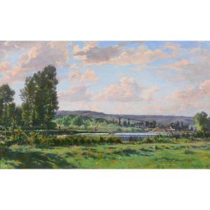 Jules ROUSSET 1840-1921 Bourgogne, paysage de l'Yonne près d'Auxerre, tableau, 1902