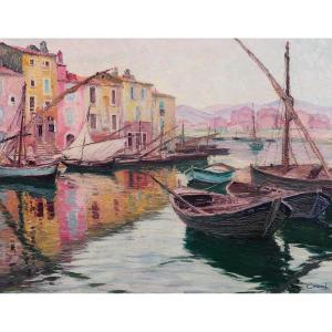 Adolphe Cossard 1880-1952, Martigues, Landscape With Boats, Painting, Circa 1930