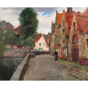 Fernand TOUSSAINT 1873-1956 Belgique, Bruges, paysage au canal, tableau, vers 1910-20