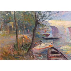 Georges CHARBONNEAU 1871-1919 Poissy, la Seine et le pont, paysage, tableau, vers 1900