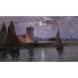 French School Circa 1900-20 Les Sables d'Olonne, Moonlit Landscape, Painting, Seascape