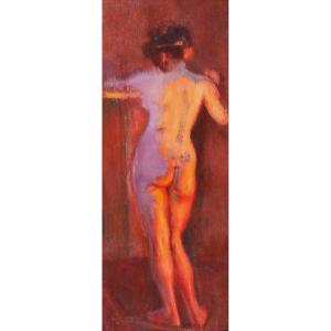 Emile Tremblay 1855-1935 Nude Woman, Mauve And Orange Effect, Painting, Circa 1900