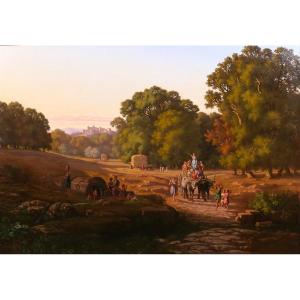 Gaspard Anrioud 1809-1866 Italy, The Harvest Party, Landscape, Large Painting, Romanticism