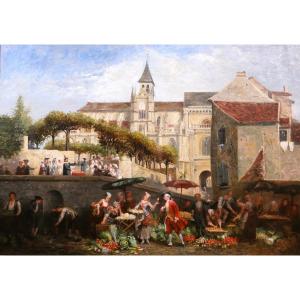 Adolphe François MONFALLET 1815-1900 Triel-sur-Seine (Yvelines), scène de marché, tableau, 1864