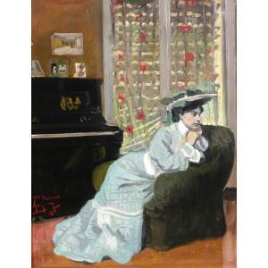 Auguste AUGLAY 1876-1920 Femme assise dans son intérieur, tableau, 1903, impressionnisme