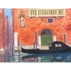 Sigismond JEANES 1863 - 1952 Venise, paysage à la gondole, tableau, vers 1920-30