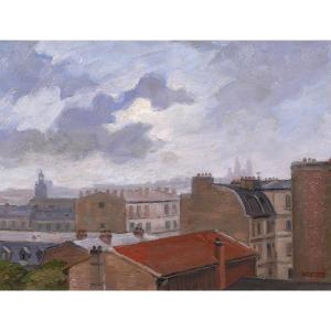 Salvator Sanchis, Paris, Rooftops With Montmartre, Landscape Painting, Circa 1930-40