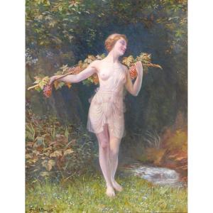 Lucien FOLLER 1869-1938, Bacchante, femme nue, tableau, 1915, Art Nouveau