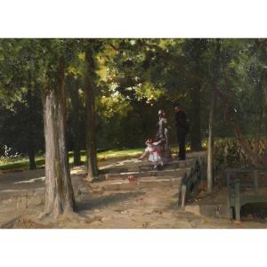 Antoine MORLON 1834-1913 La rencontre au parc, tableau impressionnisme, vers 1880