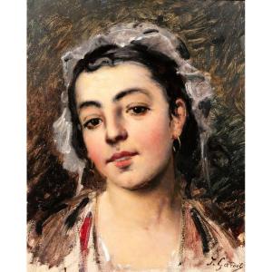 Jules GARDOT 1828-1891 Visage d'une jeune femme italienne, tableau, Italie, vers 1870