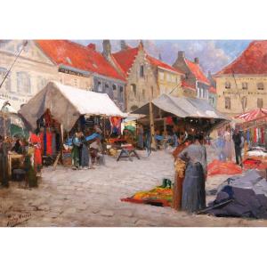 Jules CRAN 1876-1926 Belgique, Jour de marché à Nieuport, tableau, 1906, impressionnisme