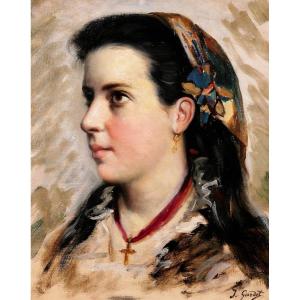 Jules GARDOT 1828-1891 Portrait d'une jeune femme italienne, tableau, Italie, vers 1870