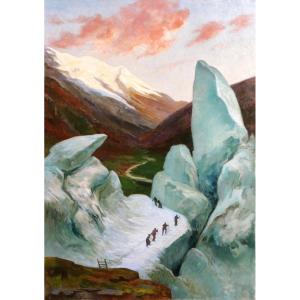 Edmond BORCHARD 1848-1922, Mont-Blanc, promenade sur le glacier tableau Alpes montagne