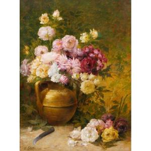 Emile Laporte 1841-1919 Nature morte de fleurs (roses), grand tableau, 1910, jardin