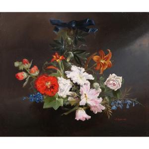 Charles Rivière, Nature morte de fleurs, tableau, 1857, Romantisme, jardin, Berjon, Lyon