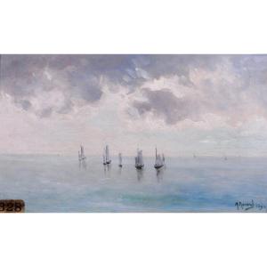 Mary Renard 1849-1925 Paysage de mer, etude de ciel, bateau, tableau impressionnisme, 1890