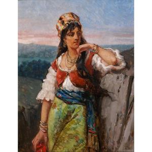 Jan PORTIELJE 1829-1908 Portrait d'une femme italienne, tableau, vers 1870-80, Italie