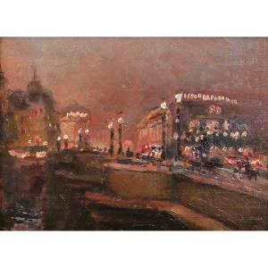 François-Max Bugnicourt, 1868-1936 Paris, le Pont-Neuf de nuit, petit tableau, vers 1900