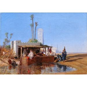 Ecole française orientaliste signé 1851, paysage à l'oasis, tableau, Maroc, Algérie, Fromentin