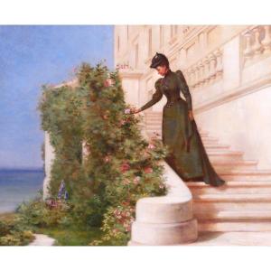 Jessie Marian ISAACS 19e Femme cueillant une rose devant un chateau tableau fleurs jardin 1892