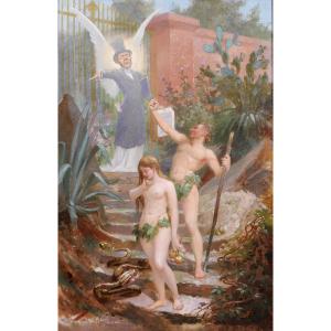 B. MOLOCH 1849-1909 Adam et Eve chassés du Paradis, tableau, 1892, caricature, Alphonse Colomb