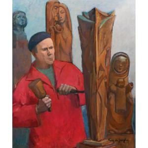 Suzanne Rey De Jaegher 1907-1994 Portrait Of The Sculptor Henri-paul Rey, Painting,  1940-50