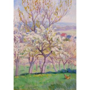 Maurice de Lambert 1873-1953 Arbre en fleurs à Pourrain, Yonne, paysage, Bourgogne, vers 1920