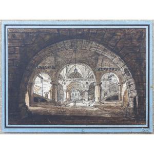 Jean-Baptiste COSTE 1746-1819 Architecture imaginaire, dessin, vers 1780, néoclassique, paysage