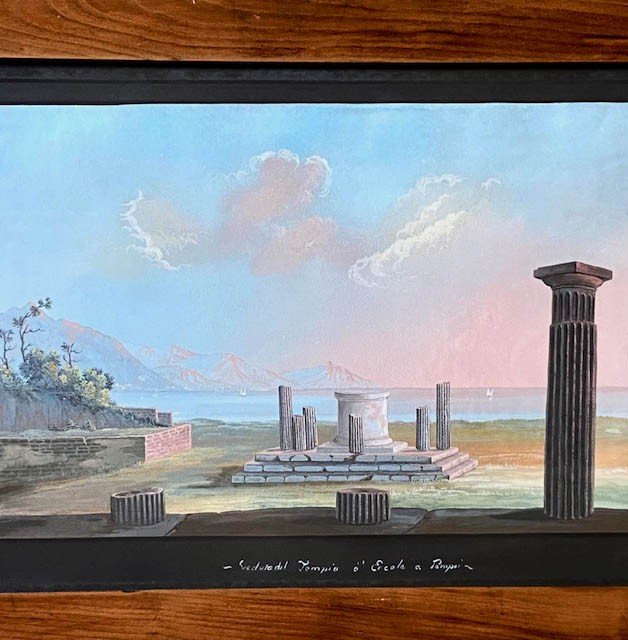 19th Century Neapolitan School, Gouache, Temple Of Hercules, Pompeii, Beautiful And Large Frame-photo-2