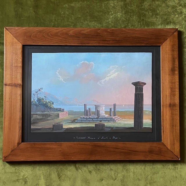 19th Century Neapolitan School, Gouache, Temple Of Hercules, Pompeii, Beautiful And Large Frame-photo-1