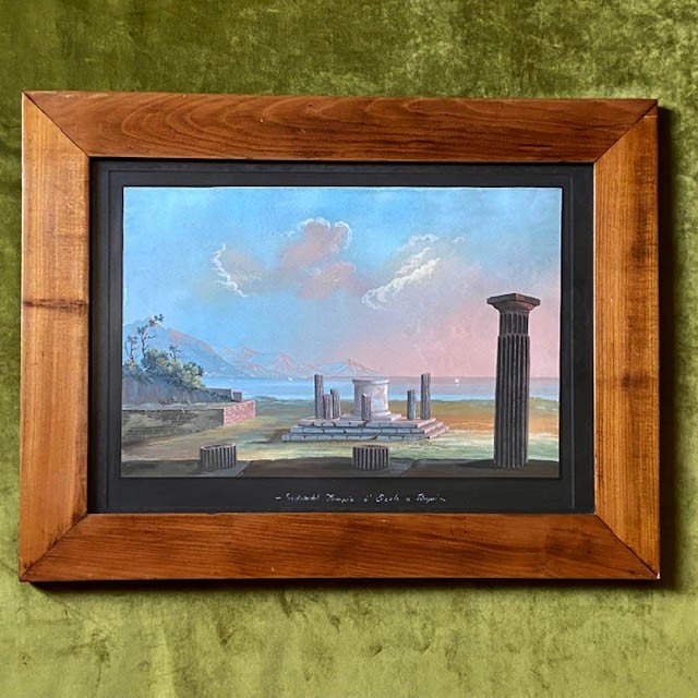 19th Century Neapolitan School, Gouache, Temple Of Hercules, Pompeii, Beautiful And Large Frame