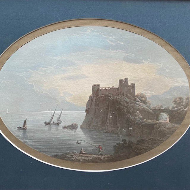 19th Century French School, Oval Gouache, Well Framed, Romantic Landscape, Castle Lake Boat-photo-2