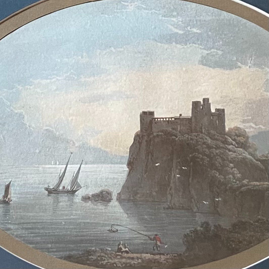 19th Century French School, Oval Gouache, Well Framed, Romantic Landscape, Castle Lake Boat-photo-4