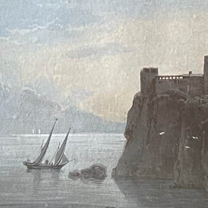 Ecole Française Du XIXe, Gouache Ovale, Bien Encadrée, Paysage Romantique, Château Lac Bateau-photo-1