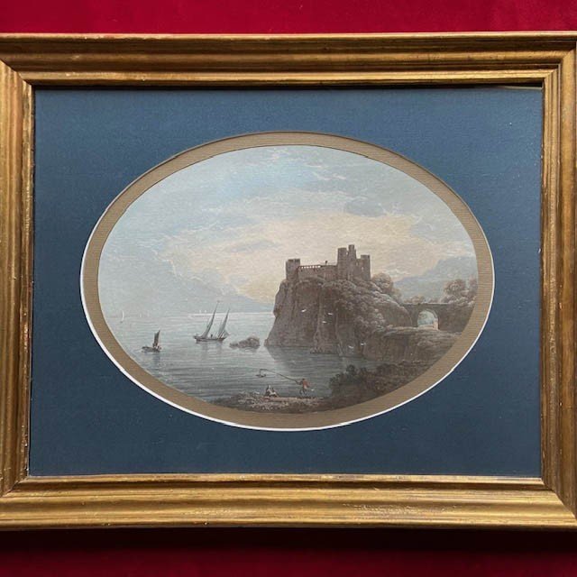 19th Century French School, Oval Gouache, Well Framed, Romantic Landscape, Castle Lake Boat-photo-2