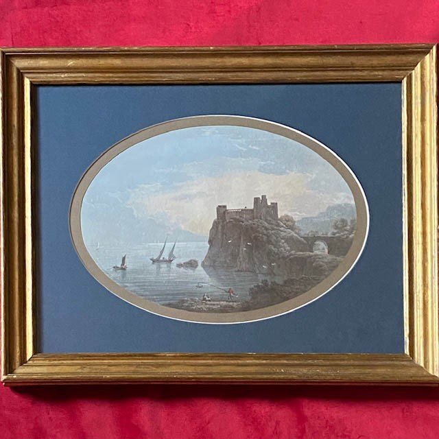 19th Century French School, Oval Gouache, Well Framed, Romantic Landscape, Castle Lake Boat