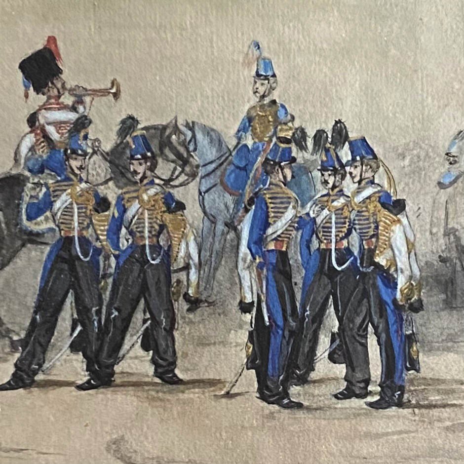 G. Parmentier (actif Au XIXe), Scène Militaire, Aquarelle Gouache, Cadre Doré Ancien, Uniformes-photo-2