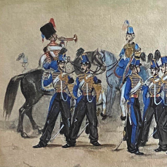 G. Parmentier (actif Au XIXe), Scène Militaire, Aquarelle Gouache, Cadre Doré Ancien, Uniformes-photo-4