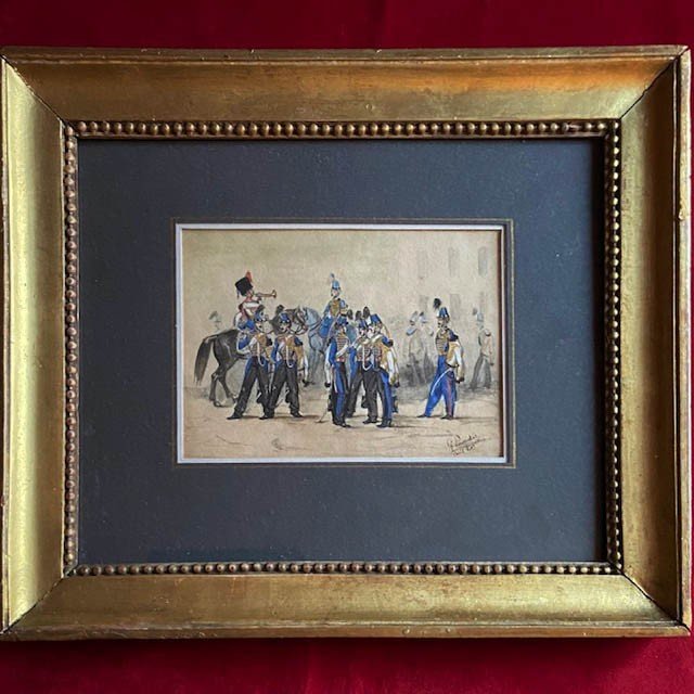 G. Parmentier (actif Au XIXe), Scène Militaire, Aquarelle Gouache, Cadre Doré Ancien, Uniformes