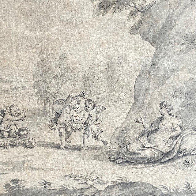 French School, Late 18th-early 19th Century, Grey Wash, Putti Games, Cupids, Nymph, Mythology-photo-4