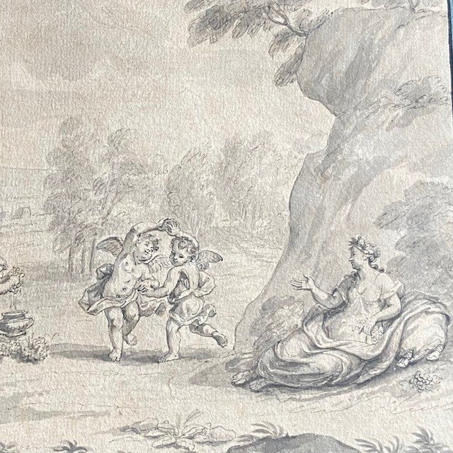 French School, Late 18th-early 19th Century, Grey Wash, Putti Games, Cupids, Nymph, Mythology-photo-2