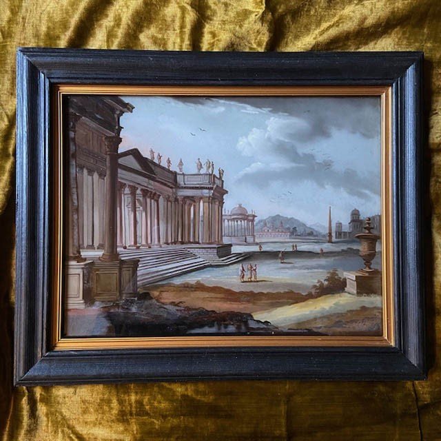 19th Century Italian School, 18th Century Panini Taste, Fixed Under Glass, Painting, Architecture, Antiques-photo-5