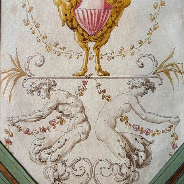 French School Of The 18th Century, Ornamental Watercolor, Decorative Study, Vase Attributes, Bérain Frame-photo-2