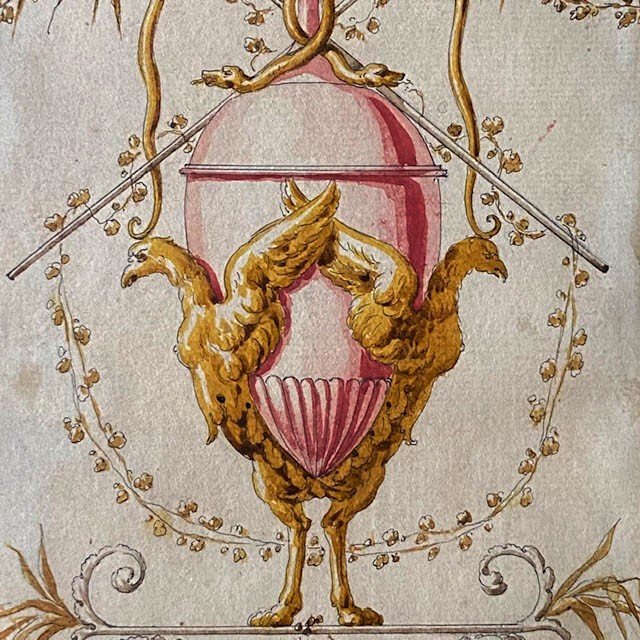 French School Of The 18th Century, Ornamental Watercolor, Decorative Study, Vase Attributes, Bérain Frame-photo-3