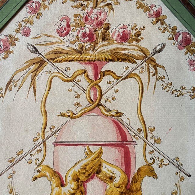 French School Of The 18th Century, Ornamental Watercolor, Decorative Study, Vase Attributes, Bérain Frame-photo-4