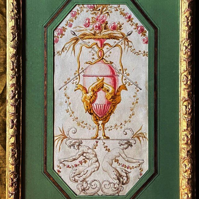 French School Of The 18th Century, Ornamental Watercolor, Decorative Study, Vase Attributes, Bérain Frame-photo-1