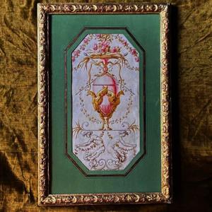 French School Of The 18th Century, Ornamental Watercolor, Decorative Study, Vase Attributes, Bérain Frame