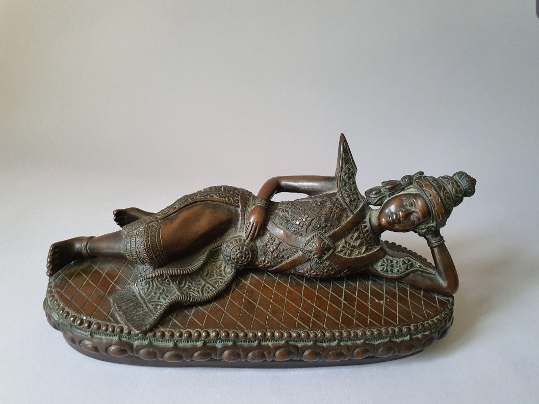 Reclining Buddha In Bronze, Indo Chinese School Circa 1900-photo-6