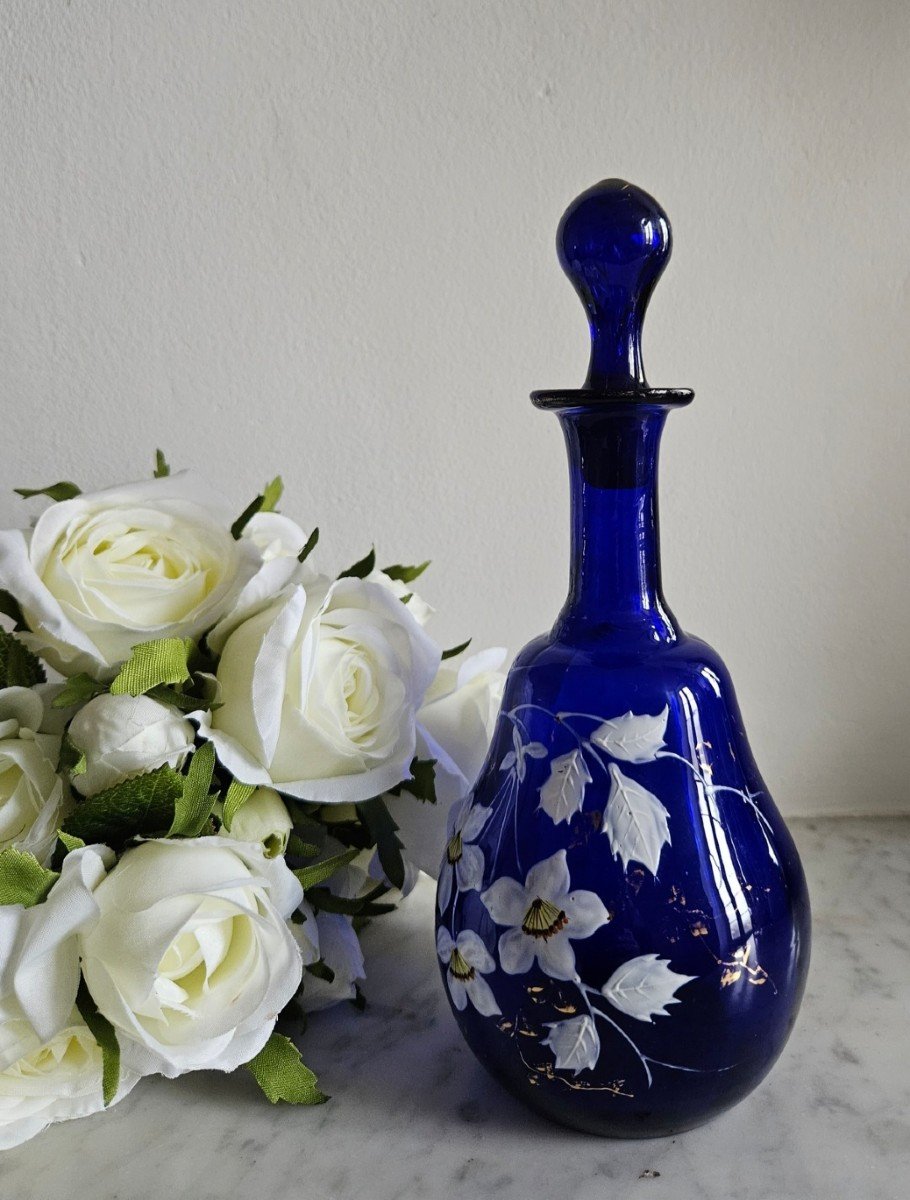 Blue Carafe In Opaline And Enameled Decor - Art Nouveau Circa 1900-photo-4