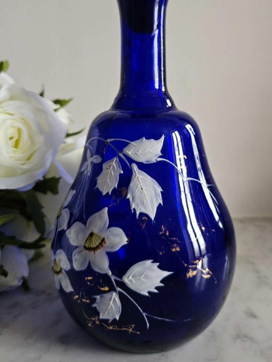 Blue Carafe In Opaline And Enameled Decor - Art Nouveau Circa 1900-photo-1